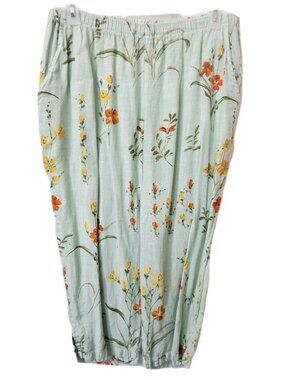 Cotton Connection L  Floral Linen Pull-On Elastic Waist Pants 21" Inseam Beach